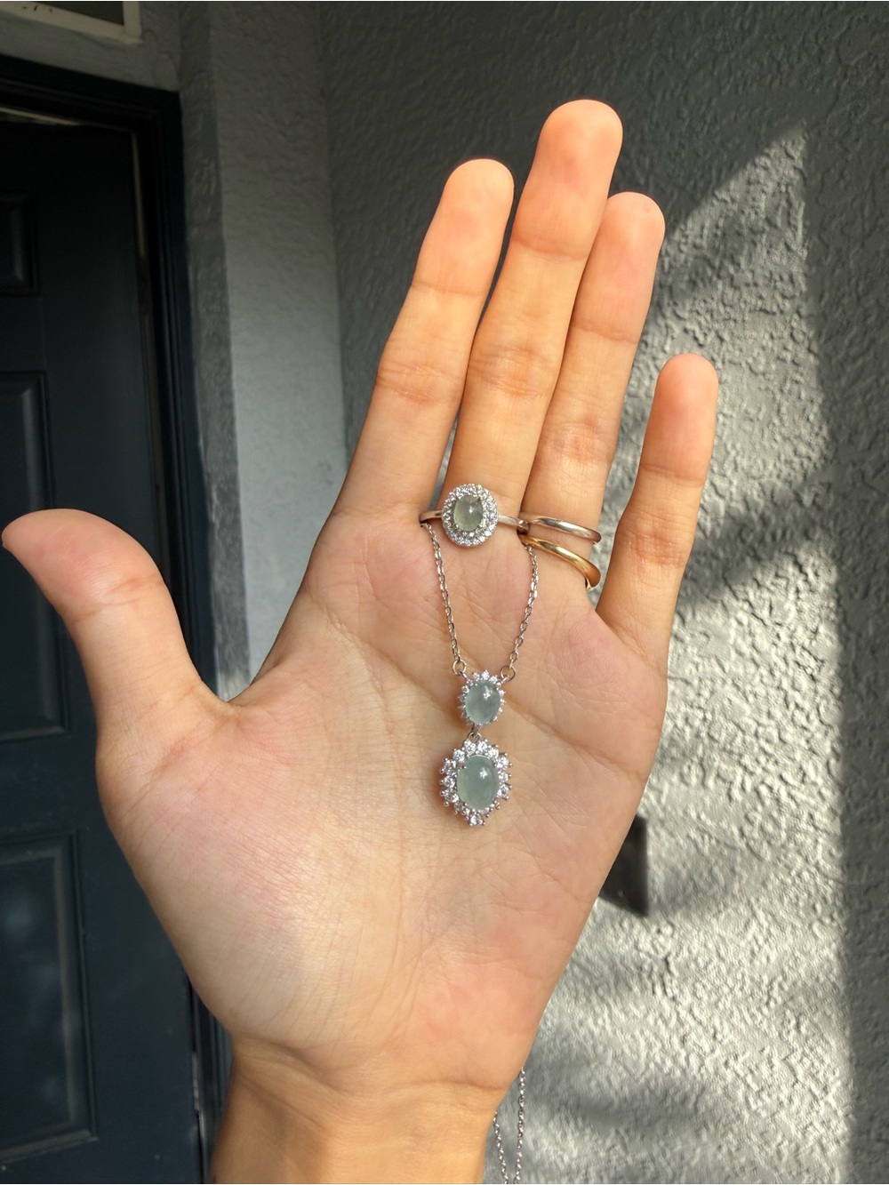 Real Grade A Icy Jade Double Cabochon Necklace and Ring Set of 2 925 Silver